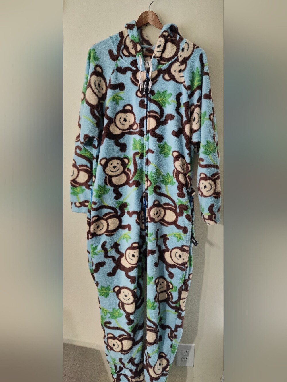 Forever Lazy Monkey Print One-piece Fleece Pajamas Adult M Oversized Long Hooded